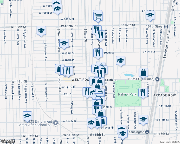 map of restaurants, bars, coffee shops, grocery stores, and more near 1 East 110th Place in Chicago