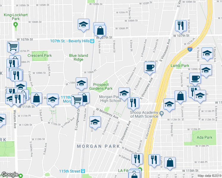 map of restaurants, bars, coffee shops, grocery stores, and more near 10953 South Homewood Avenue in Chicago