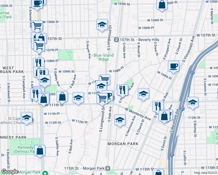 map of restaurants, bars, coffee shops, grocery stores, and more near 11022 South Prospect Avenue in Chicago