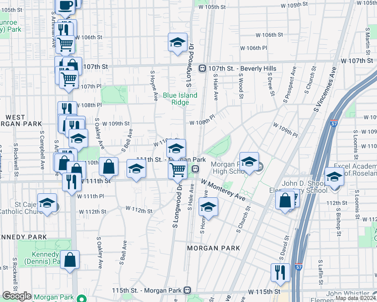 map of restaurants, bars, coffee shops, grocery stores, and more near 2013 West 110th Street in Chicago