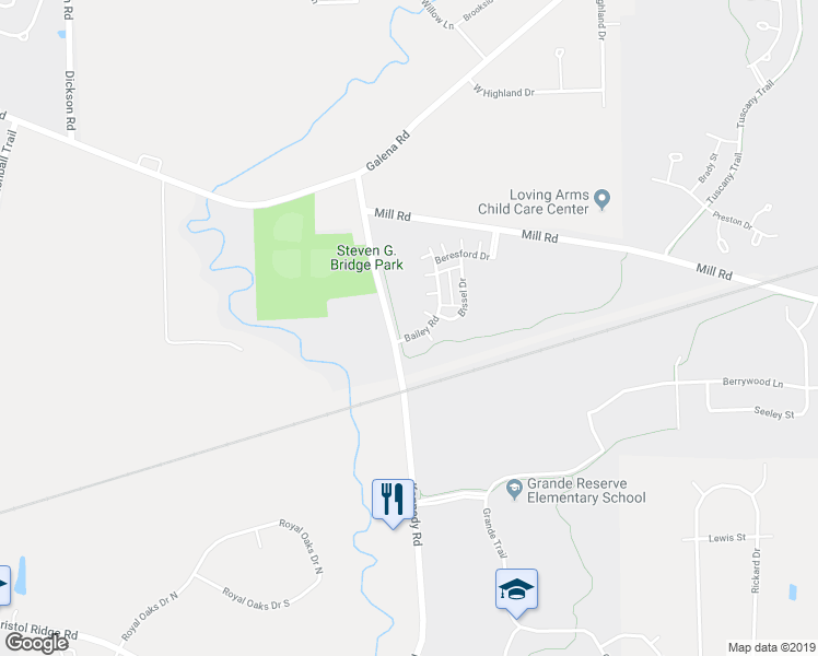 map of restaurants, bars, coffee shops, grocery stores, and more near 3767 Bailey Road in Yorkville