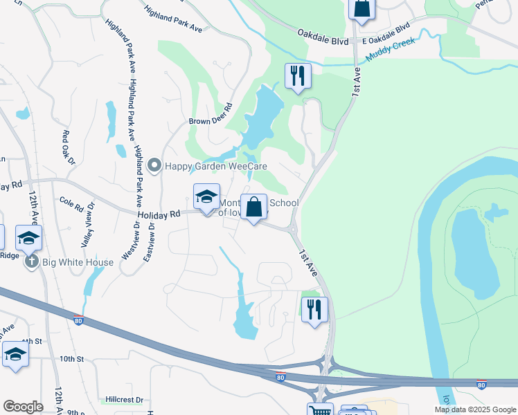map of restaurants, bars, coffee shops, grocery stores, and more near 209 Holiday Road in Coralville
