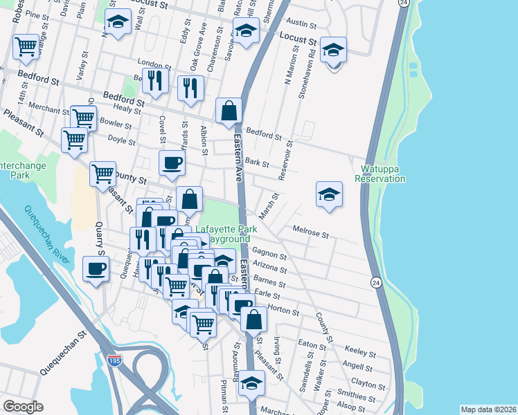 map of restaurants, bars, coffee shops, grocery stores, and more near 64 Buckley Street in Fall River