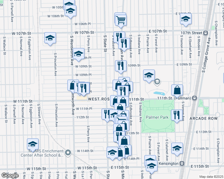 map of restaurants, bars, coffee shops, grocery stores, and more near 19 East 110th Place in Chicago