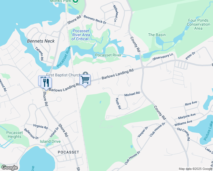 map of restaurants, bars, coffee shops, grocery stores, and more near 271 Barlows Landing Road in Bourne