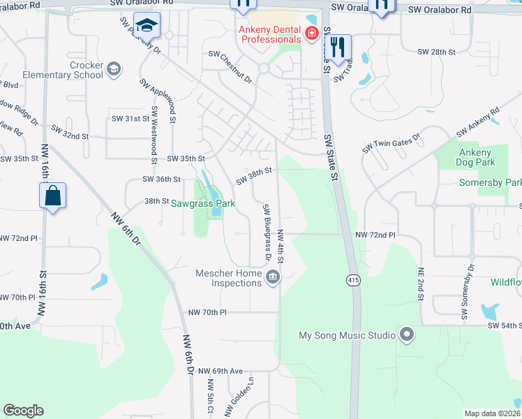 map of restaurants, bars, coffee shops, grocery stores, and more near 4006 Southwest Bluegrass Drive in Ankeny