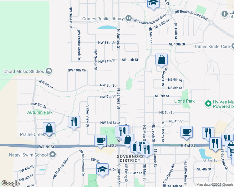 map of restaurants, bars, coffee shops, grocery stores, and more near 103 Northwest 7th Street in Grimes