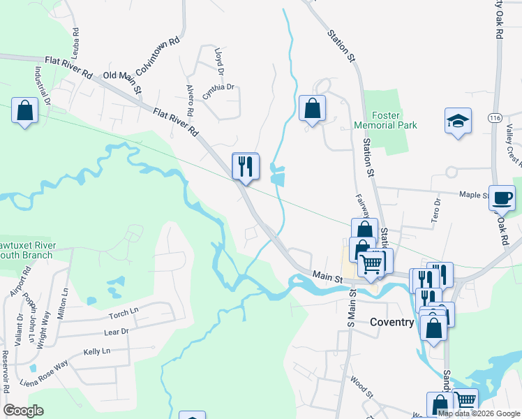 map of restaurants, bars, coffee shops, grocery stores, and more near 1333 Main Street in Coventry
