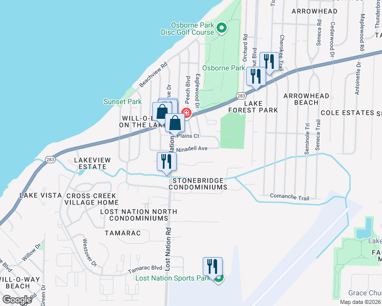 map of restaurants, bars, coffee shops, grocery stores, and more near 38568 Ninadell Avenue in Willoughby