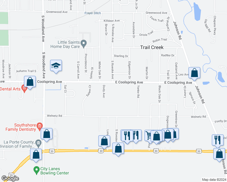 map of restaurants, bars, coffee shops, grocery stores, and more near 1901 East Coolspring Avenue in Trail Creek