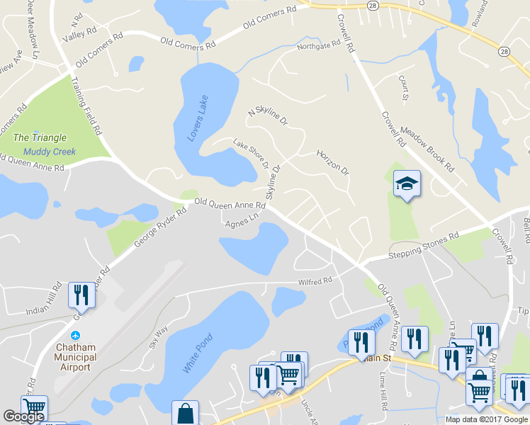 map of restaurants, bars, coffee shops, grocery stores, and more near 357 Old Queen Anne Road in Chatham