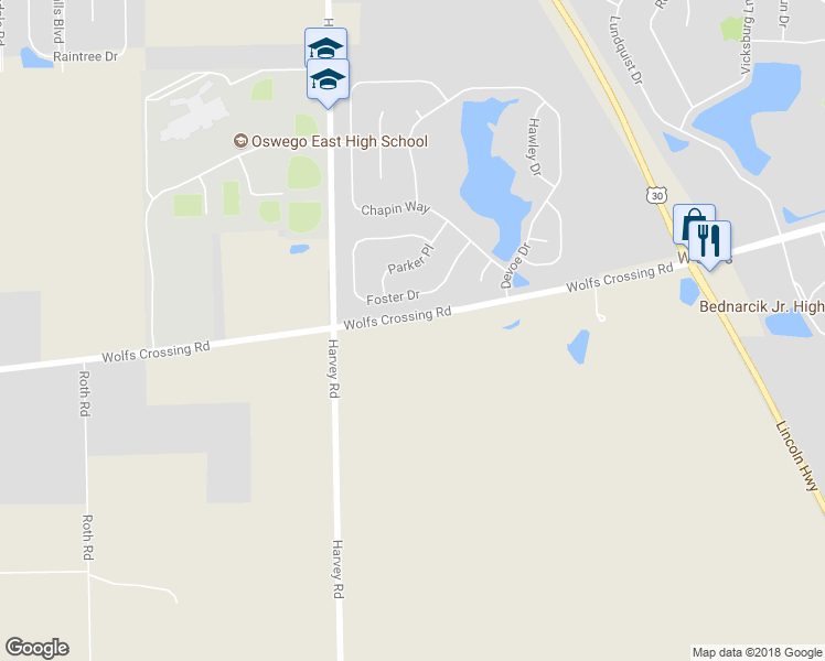 map of restaurants, bars, coffee shops, grocery stores, and more near 606 Wolf Road in Oswego