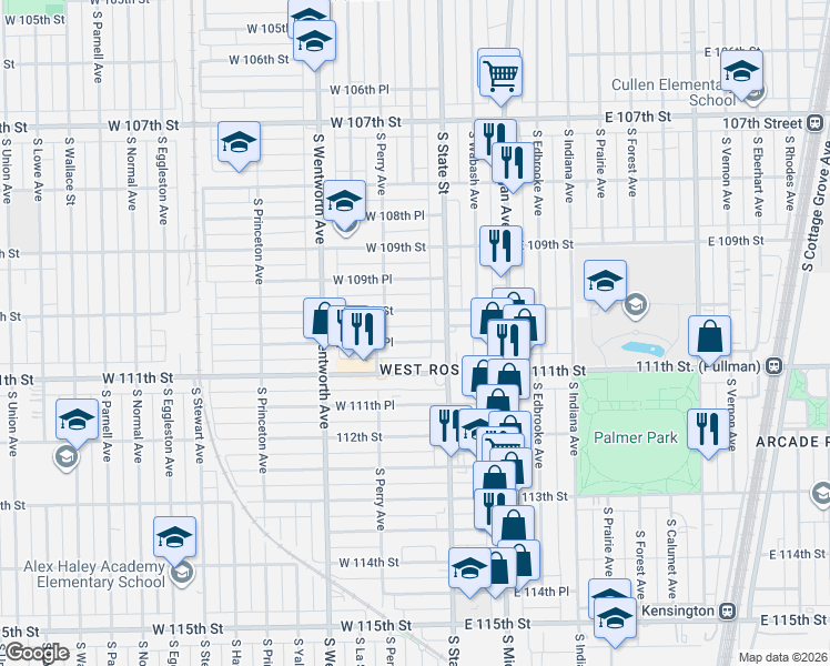 map of restaurants, bars, coffee shops, grocery stores, and more near 19 West 110th Street in Chicago