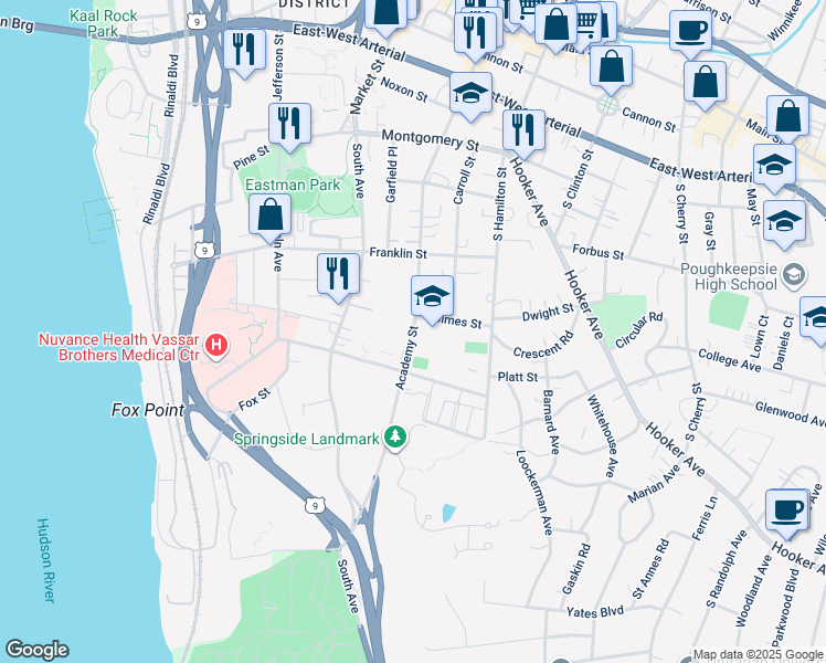 map of restaurants, bars, coffee shops, grocery stores, and more near 155 Academy Street in Poughkeepsie