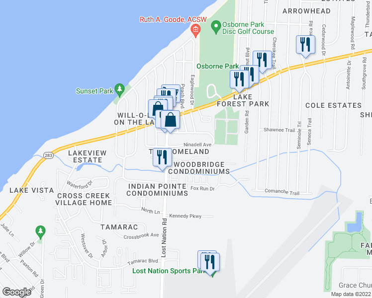 map of restaurants, bars, coffee shops, grocery stores, and more near 38568 Ninadell Avenue in Willoughby