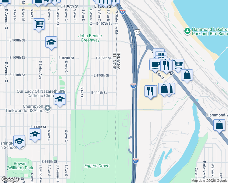 map of restaurants, bars, coffee shops, grocery stores, and more near 11046 South State Line Road in Chicago