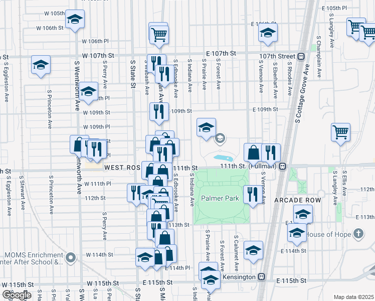 map of restaurants, bars, coffee shops, grocery stores, and more near 11020 South Indiana Avenue in Chicago