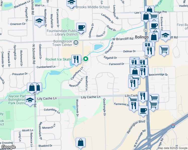 map of restaurants, bars, coffee shops, grocery stores, and more near 4O South Fernwood Drive in Bolingbrook