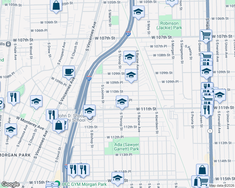 map of restaurants, bars, coffee shops, grocery stores, and more near 1320 West 110th Street in Chicago