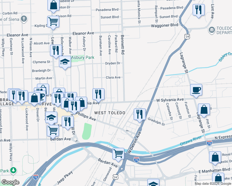 map of restaurants, bars, coffee shops, grocery stores, and more near 4044 Caroline Avenue in Toledo