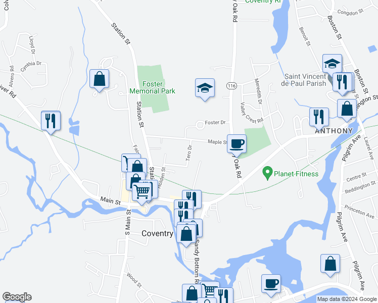 map of restaurants, bars, coffee shops, grocery stores, and more near 5 Tero Drive in Coventry