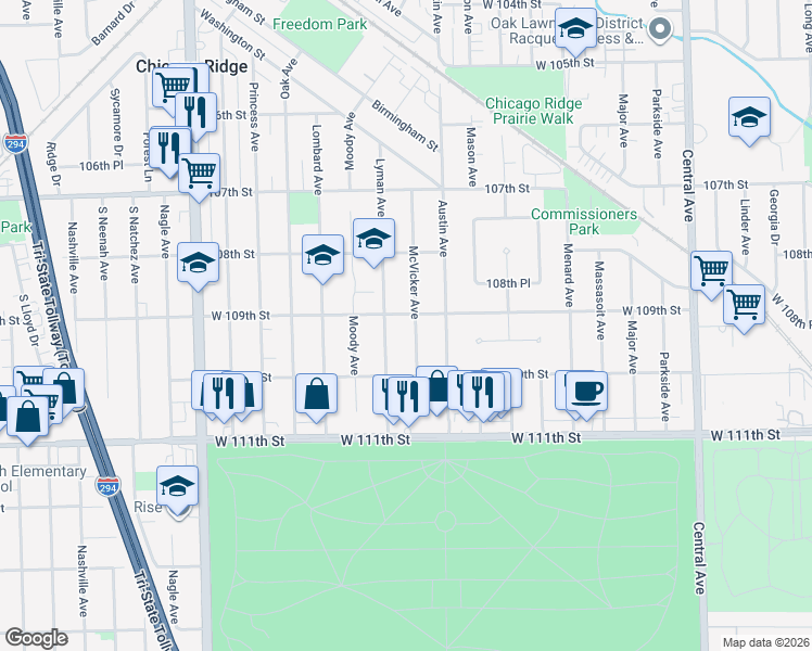 map of restaurants, bars, coffee shops, grocery stores, and more near 10901 Lyman Avenue in Chicago Ridge