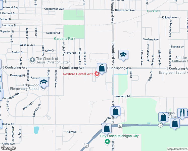 map of restaurants, bars, coffee shops, grocery stores, and more near 3201 Mall Court in Michigan City