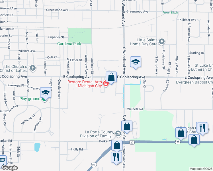 map of restaurants, bars, coffee shops, grocery stores, and more near 1213 East Coolspring Avenue in Michigan City