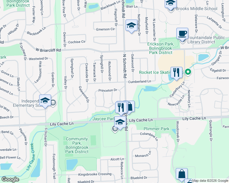 map of restaurants, bars, coffee shops, grocery stores, and more near 514 Princeton Drive in Bolingbrook