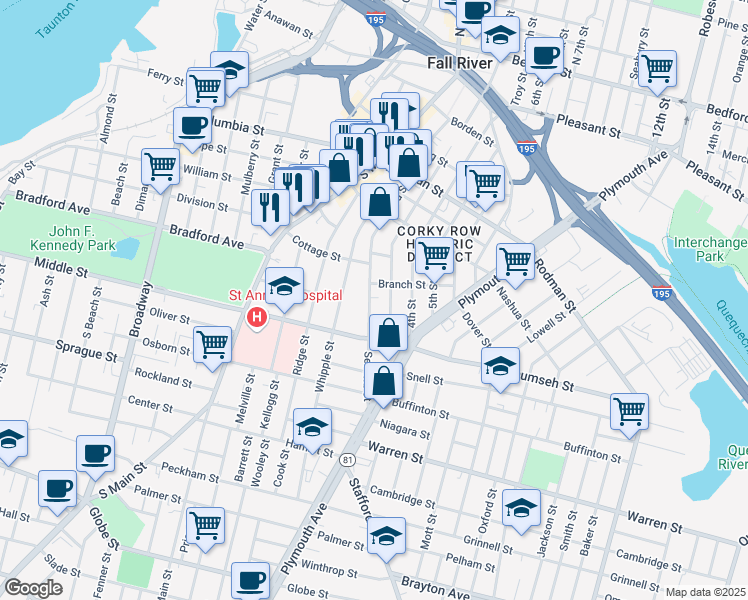 map of restaurants, bars, coffee shops, grocery stores, and more near 634 2nd Street in Fall River