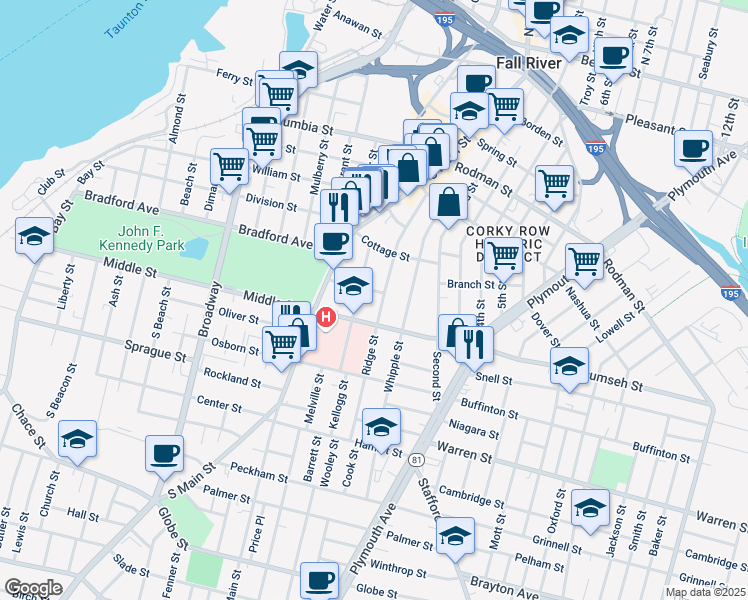 map of restaurants, bars, coffee shops, grocery stores, and more near 261 Ridge Street in Fall River