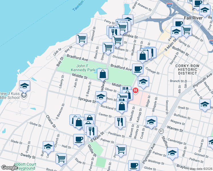map of restaurants, bars, coffee shops, grocery stores, and more near 523 Broadway in Fall River