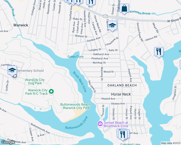 map of restaurants, bars, coffee shops, grocery stores, and more near 211 Wood Street in Warwick