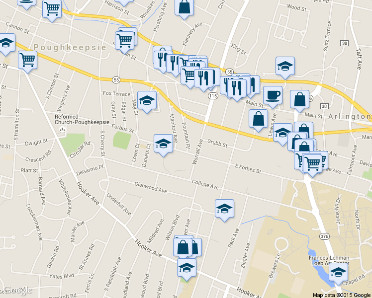 map of restaurants, bars, coffee shops, grocery stores, and more near 68 Fountain Place in Poughkeepsie