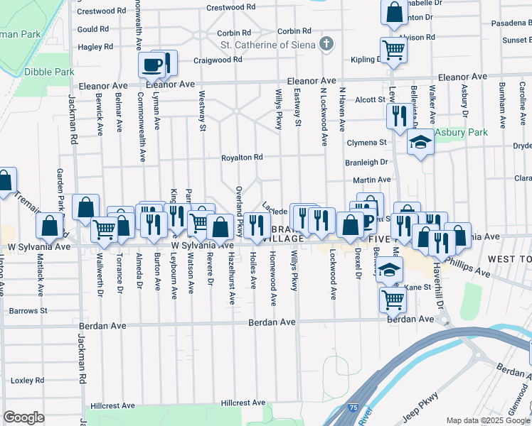 map of restaurants, bars, coffee shops, grocery stores, and more near 4114 Carthage Road in Toledo
