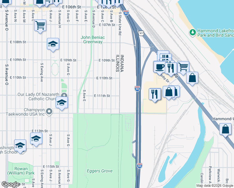 map of restaurants, bars, coffee shops, grocery stores, and more near 11046 South State Line Road in Chicago