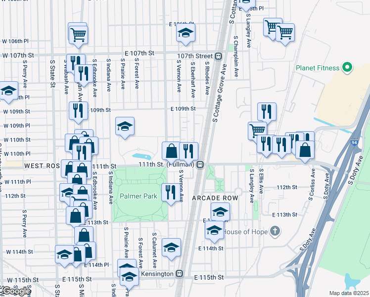 map of restaurants, bars, coffee shops, grocery stores, and more near 11017 South Vernon Avenue in Chicago