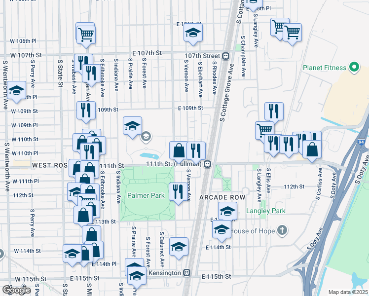 map of restaurants, bars, coffee shops, grocery stores, and more near 11017 South Vernon Avenue in Chicago