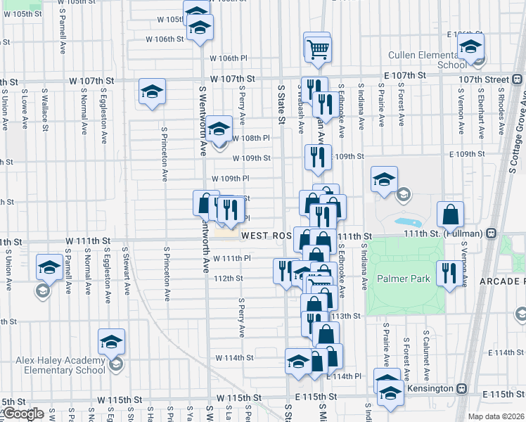 map of restaurants, bars, coffee shops, grocery stores, and more near 19 West 110th Street in Chicago