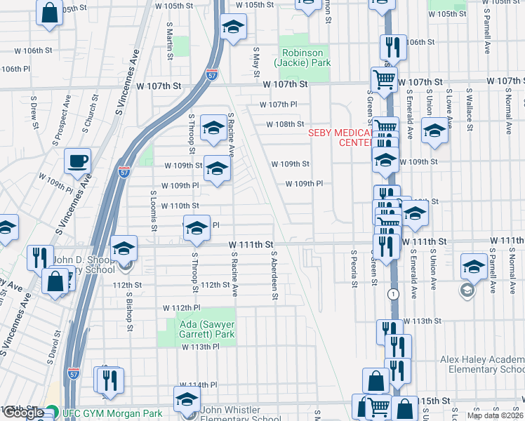 map of restaurants, bars, coffee shops, grocery stores, and more near 1151 West 110th Street in Chicago