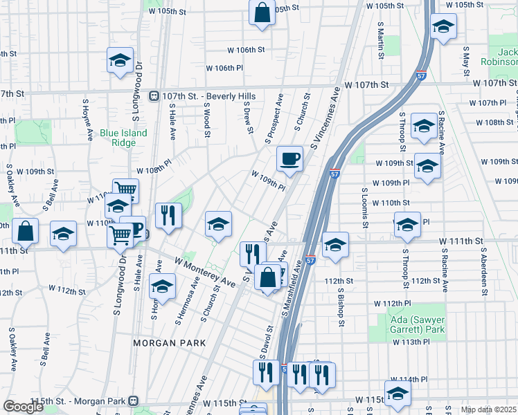 map of restaurants, bars, coffee shops, grocery stores, and more near 1543W West 110th Street in Chicago