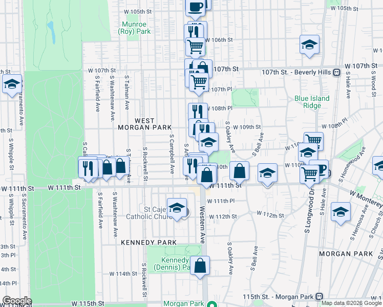 map of restaurants, bars, coffee shops, grocery stores, and more near 10949 South Artesian Avenue in Chicago