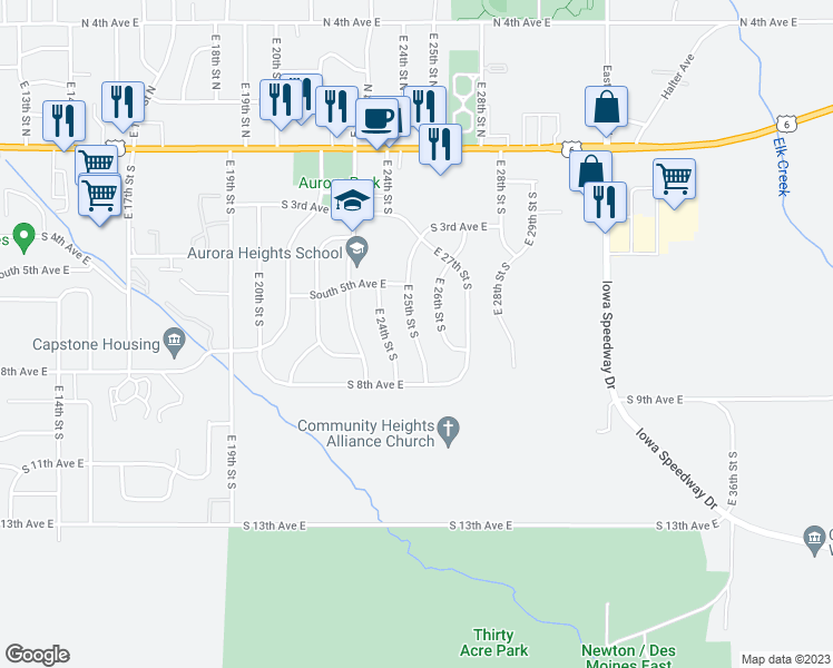 map of restaurants, bars, coffee shops, grocery stores, and more near 603 East 25th Street South in Newton