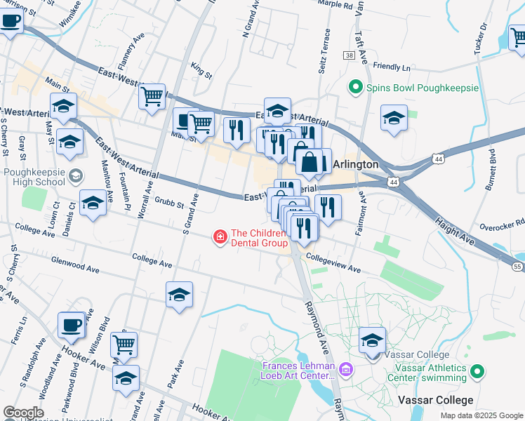 map of restaurants, bars, coffee shops, grocery stores, and more near 25 Raymond Avenue in Poughkeepsie