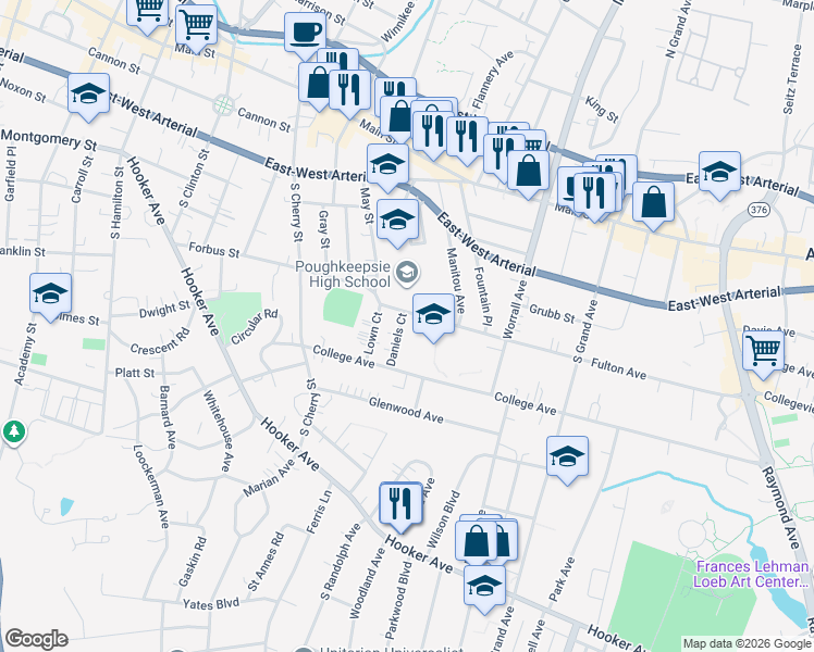 map of restaurants, bars, coffee shops, grocery stores, and more near 18 Daniels Court in Poughkeepsie