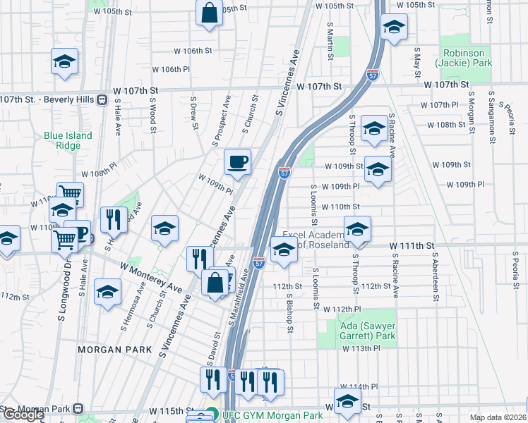 map of restaurants, bars, coffee shops, grocery stores, and more near 11002 South Laflin Street in Chicago