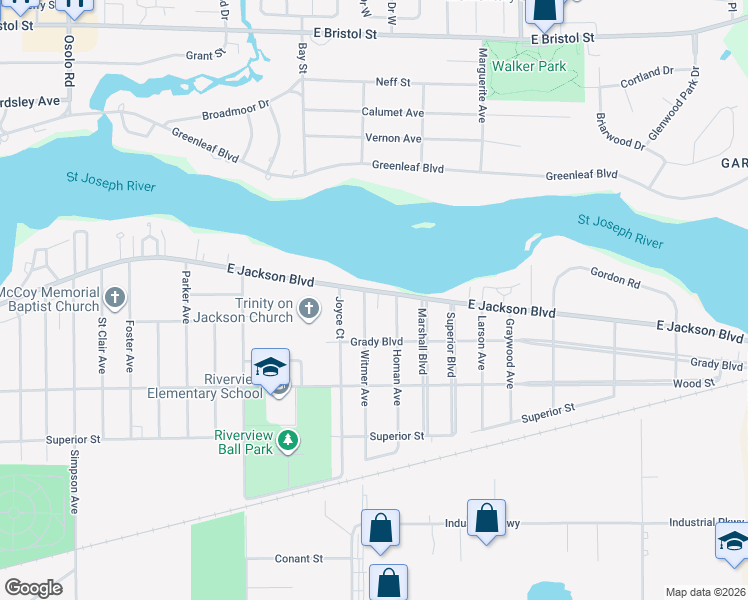 map of restaurants, bars, coffee shops, grocery stores, and more near 2909 East Jackson Boulevard in Elkhart