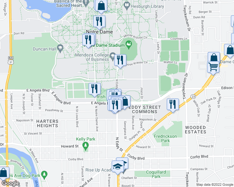 map of restaurants, bars, coffee shops, grocery stores, and more near North Eddy Street in Notre Dame