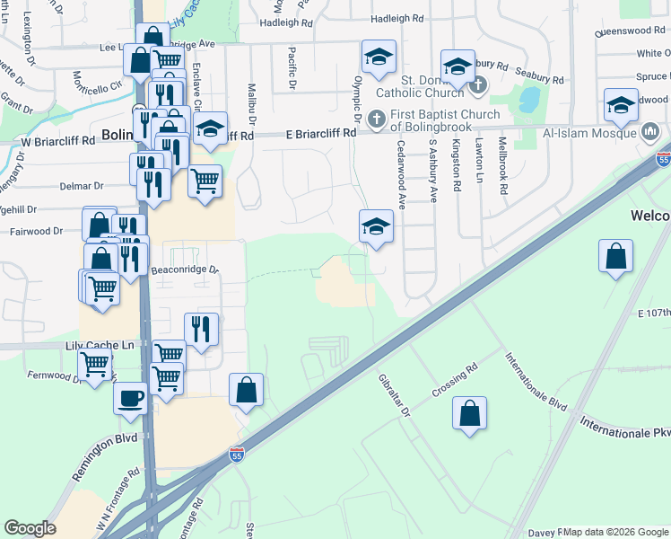 map of restaurants, bars, coffee shops, grocery stores, and more near 201 Recreation Drive in Bolingbrook
