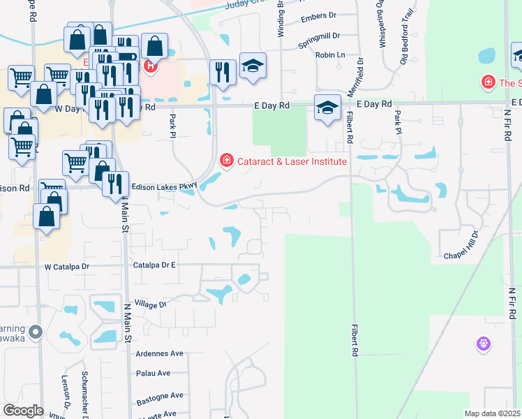 map of restaurants, bars, coffee shops, grocery stores, and more near 625 Dublin Drive in Mishawaka